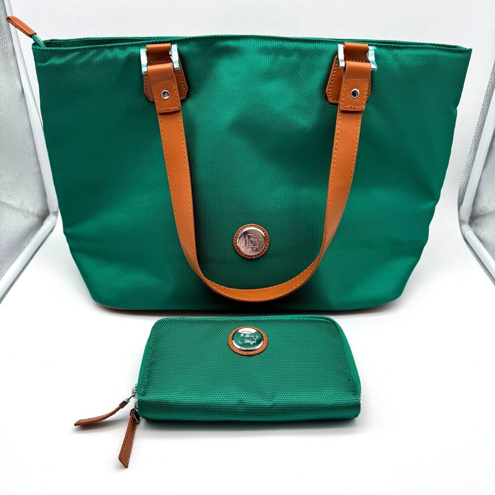 JOY Mangano Tote Bag Purse Green Brown Wallet Leather Strap Pockets